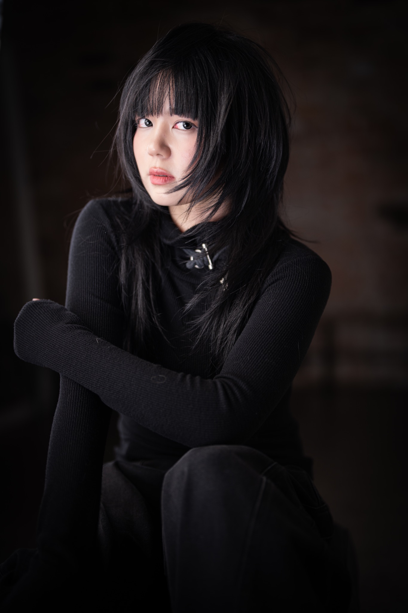 Long black layered haircut portrait