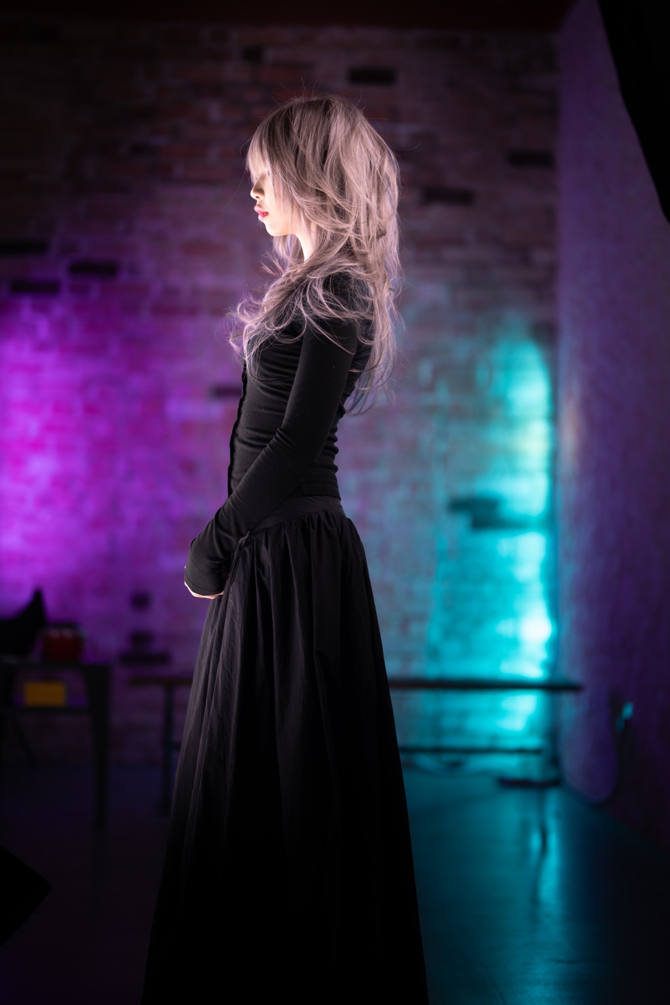 Long lavender layered haircut in side profile